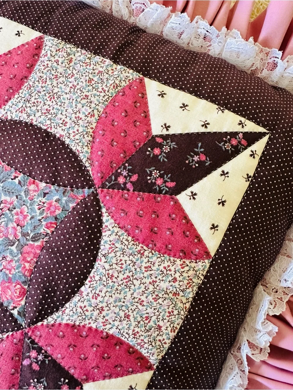 Vintage Patchwork Quilt Throw Pillow Ruffle Lace Floral 21x21 Grandmacore Boho